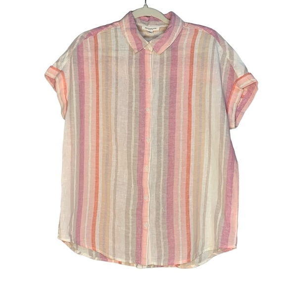 Beachlunchlounge linen cap sleeve striped button down shirt. Size M - Picture 1 of 8